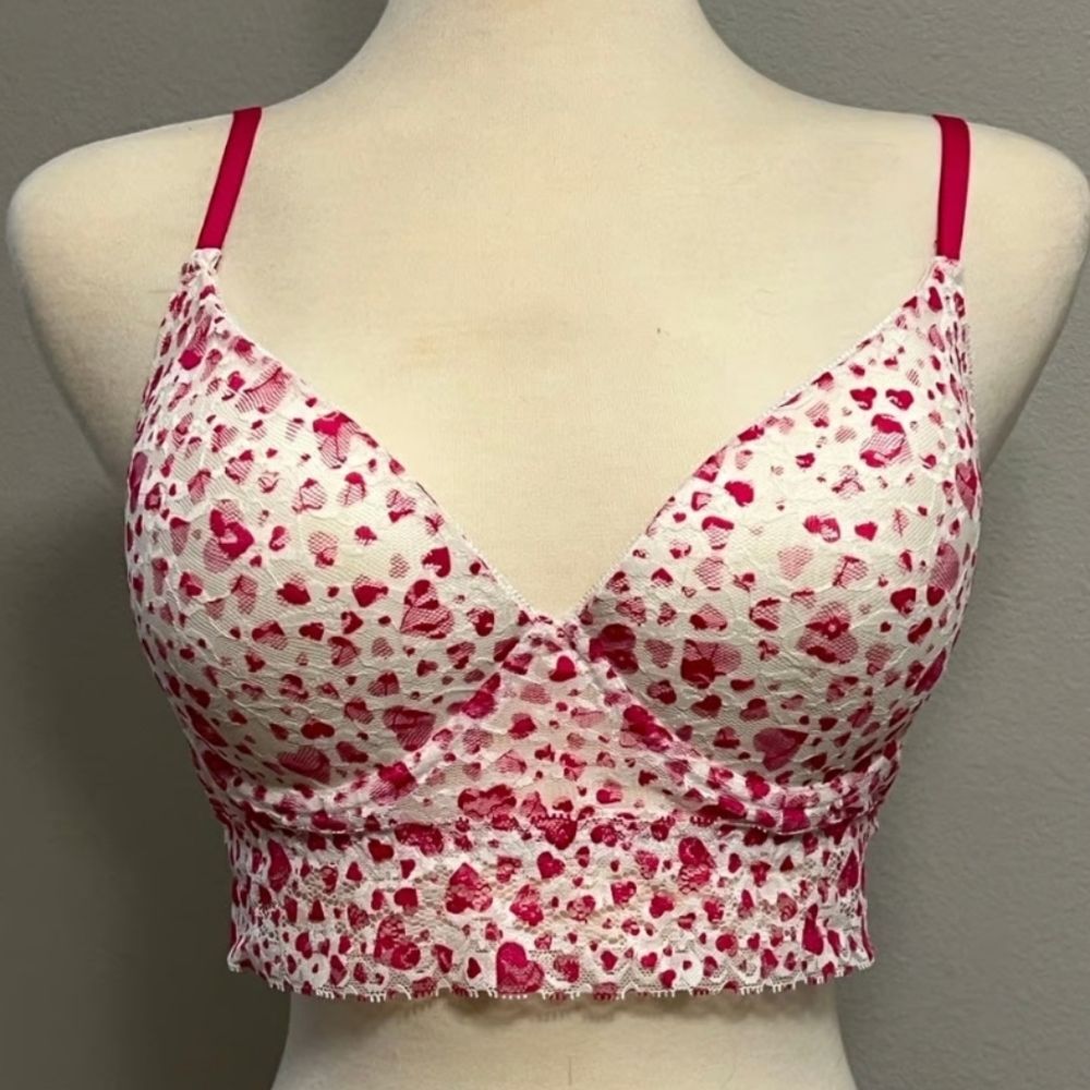 Thalia Sodi Pink Hearts White Lace Valentine's Underwire Bralette Bra Cami, 38C